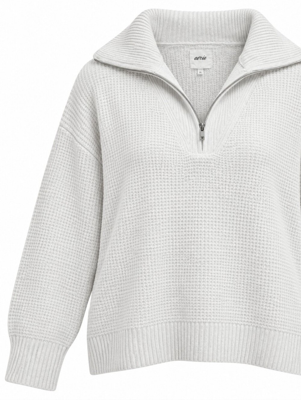 AERIE | CozyUp Ivory Waffle Knit Boxy Oversized Quarter Zip Sweater | XL